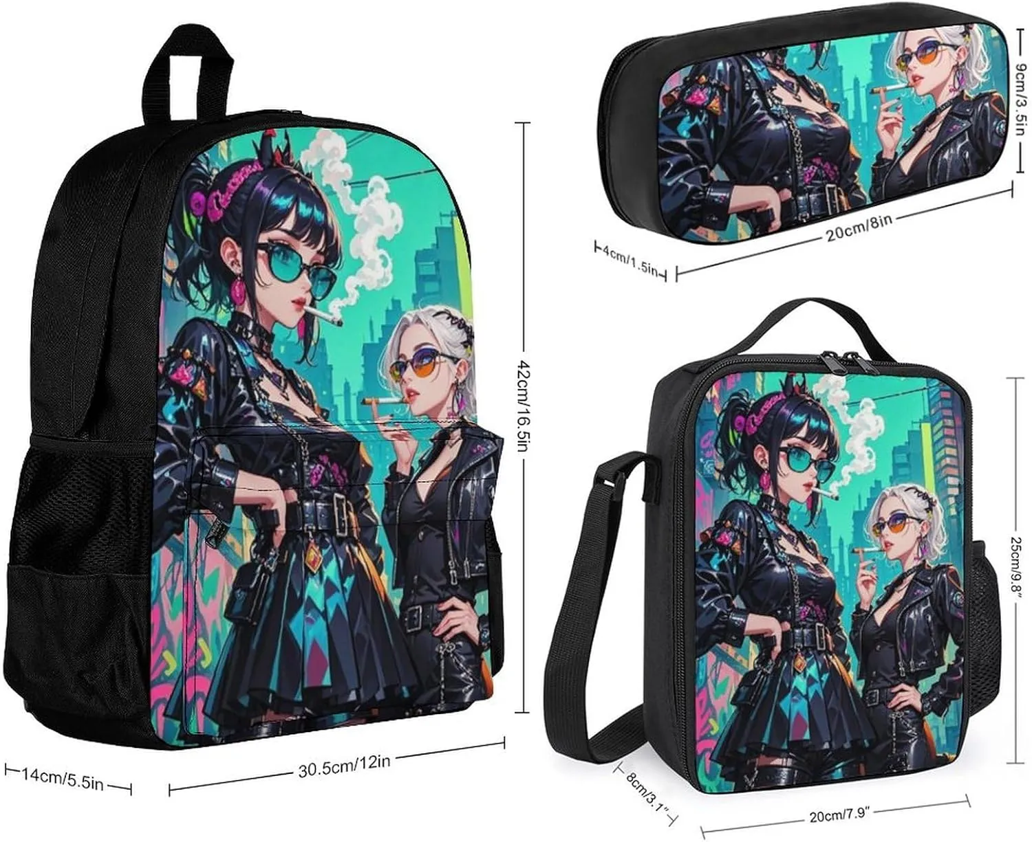 Supdreamc Adults Rucksack Sets - Gothic Cartoon Lesbian Woman Women Fantasy Lgbt Art Carry On Bag Shoulder Book Bags Travel and Sport Backpack Rucksack, 3 Piece Daypack Laptop Backpack