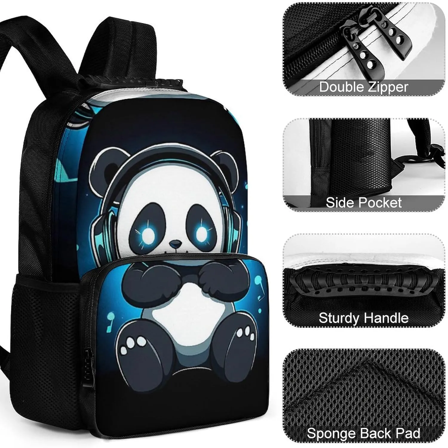 Supdreamc Animal Headphones Music Cute Panda Rucksack Polyester Anti-Theft Multipurpose Carry On Bag Large Capacity Travel and Sport Backpack Rucksack With Smooth Zippers
