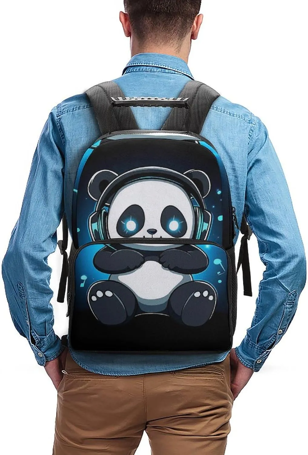 Supdreamc Animal Headphones Music Cute Panda Rucksack Polyester Anti-Theft Multipurpose Carry On Bag Large Capacity Travel and Sport Backpack Rucksack With Smooth Zippers