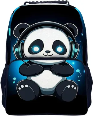 Supdreamc Animal Headphones Music Cute Panda Rucksack Polyester Anti-Theft Multipurpose Carry On Bag Large Capacity Travel and Sport Backpack Rucksack With Smooth Zippers