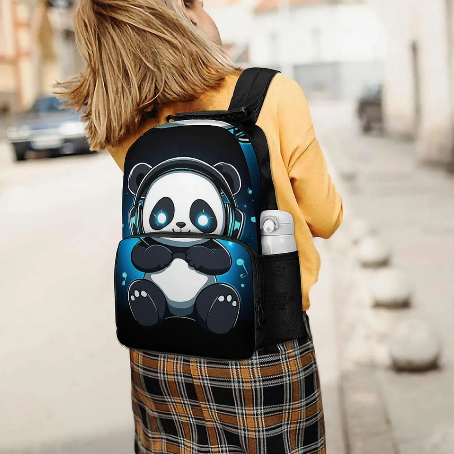 Supdreamc Animal Headphones Music Cute Panda Rucksack Polyester Anti-Theft Multipurpose Carry On Bag Large Capacity Travel and Sport Backpack Rucksack With Smooth Zippers
