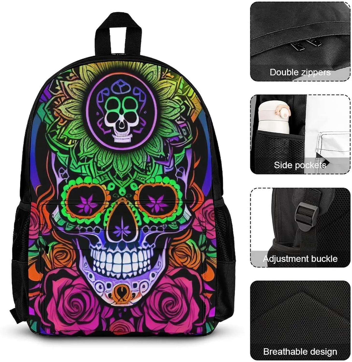 Supdreamc Big Capacity Rucksack, Psychedelic Skull Art Bookbag, 3 Piece College Daypack, Travel Hiking Backpack Rucksack   Lunch Bag   Pencil Bag, One Size