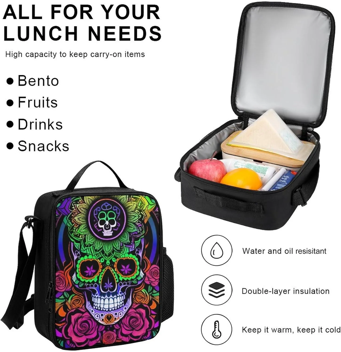 Supdreamc Big Capacity Rucksack, Psychedelic Skull Art Bookbag, 3 Piece College Daypack, Travel Hiking Backpack Rucksack   Lunch Bag   Pencil Bag, One Size