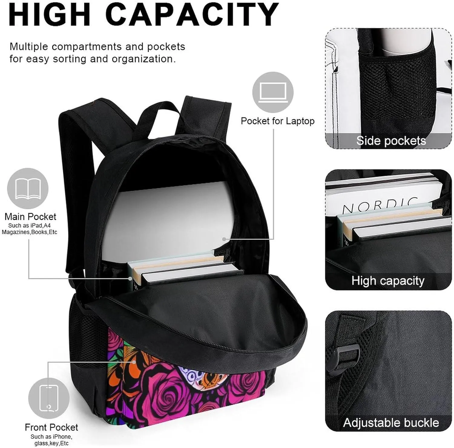 Supdreamc Big Capacity Rucksack, Psychedelic Skull Art Bookbag, 3 Piece College Daypack, Travel Hiking Backpack Rucksack   Lunch Bag   Pencil Bag, One Size