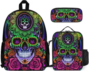 Supdreamc Big Capacity Rucksack, Psychedelic Skull Art Bookbag, 3 Piece College Daypack, Travel Hiking Backpack Rucksack   Lunch Bag   Pencil Bag, One Size