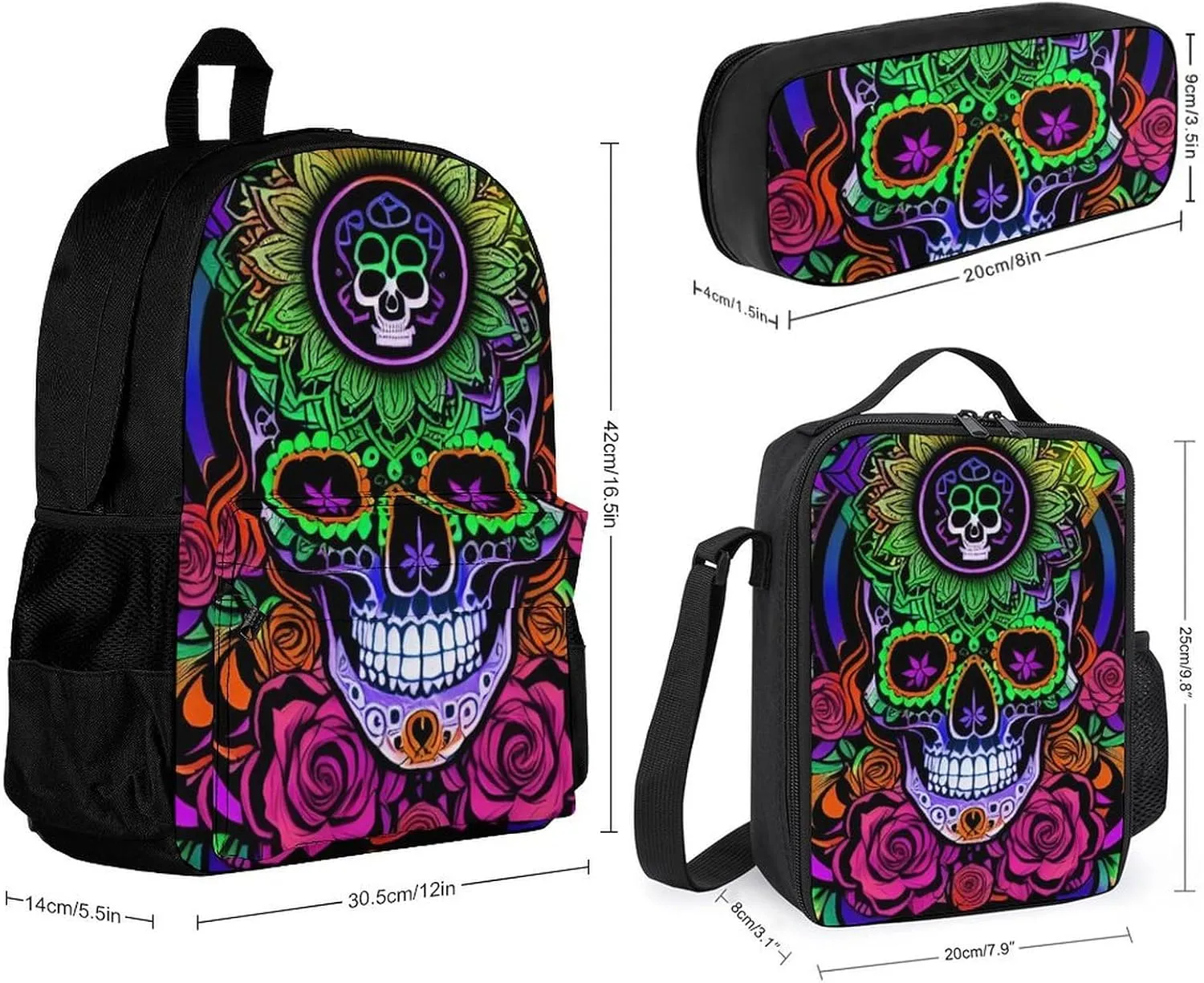 Supdreamc Big Capacity Rucksack, Psychedelic Skull Art Bookbag, 3 Piece College Daypack, Travel Hiking Backpack Rucksack   Lunch Bag   Pencil Bag, One Size