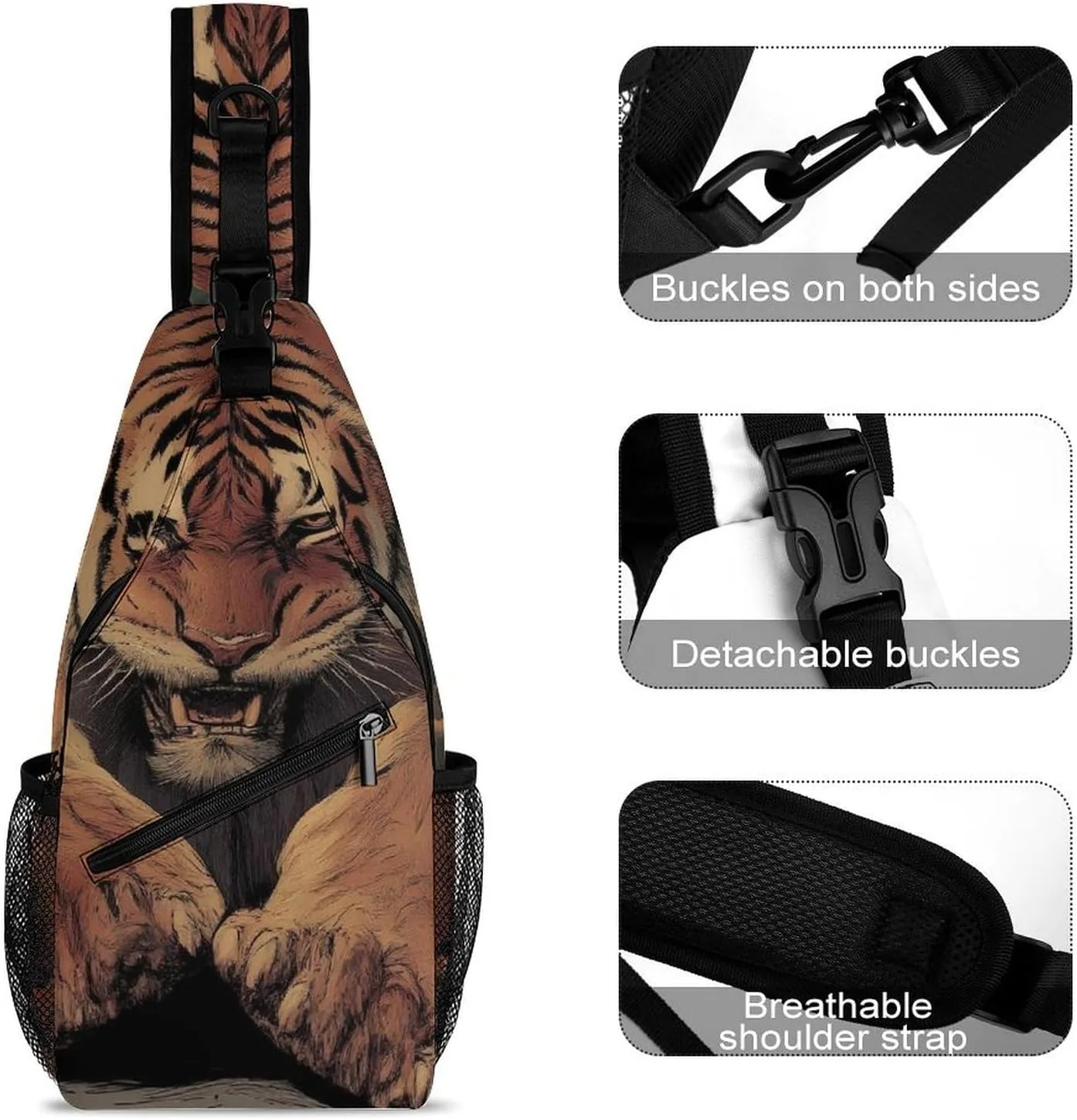 Supdreamc Casual Sling Bag Backpack, Rucksack, Animal King Cool Tiger Art Shoulder Crossbody Bag Chest Pack, Tool Backpack, Satchel Bookbags Travel Rucksack Daypack for Man/Women