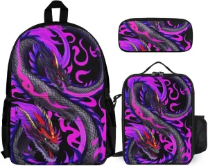 Supdreamc Daypack Backpack Sets, Rucksack   Lunch Bag   Pencil Case for Picnic Running, Burning Flaming Fire Chinese Dragon Art Travel Hiking Backpack for Adults, One Size
