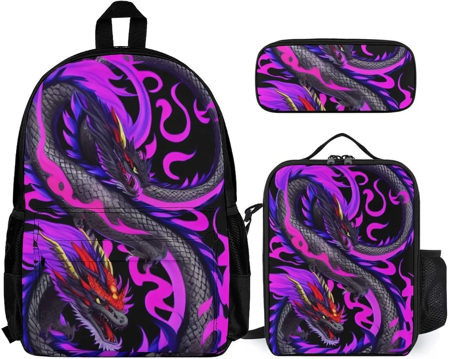 Supdreamc Daypack Backpack Sets, Rucksack   Lunch Bag   Pencil Case for Picnic Running, Burning Flaming Fire Chinese Dragon Art Travel Hiking Backpack for Adults, One Size