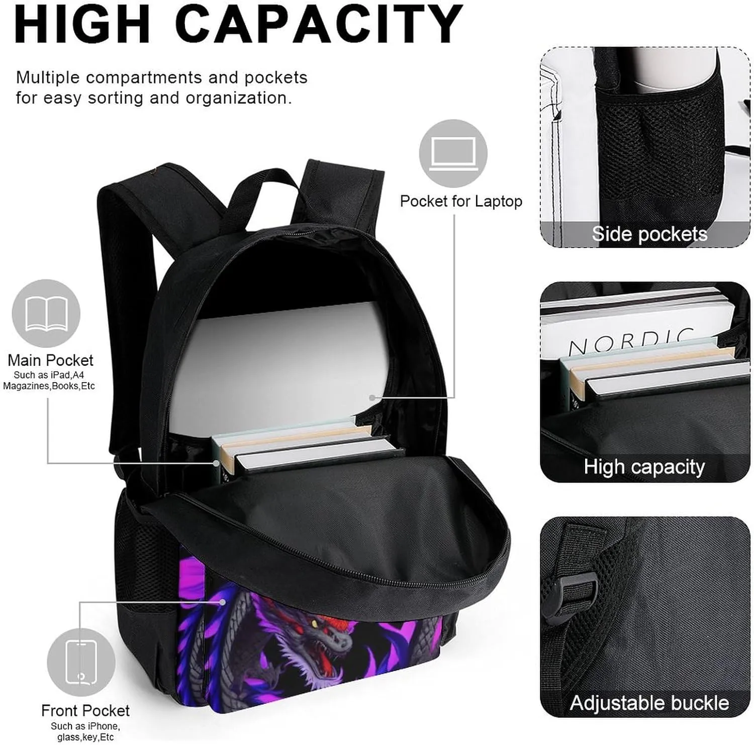 Supdreamc Daypack Backpack Sets, Rucksack   Lunch Bag   Pencil Case for Picnic Running, Burning Flaming Fire Chinese Dragon Art Travel Hiking Backpack for Adults, One Size