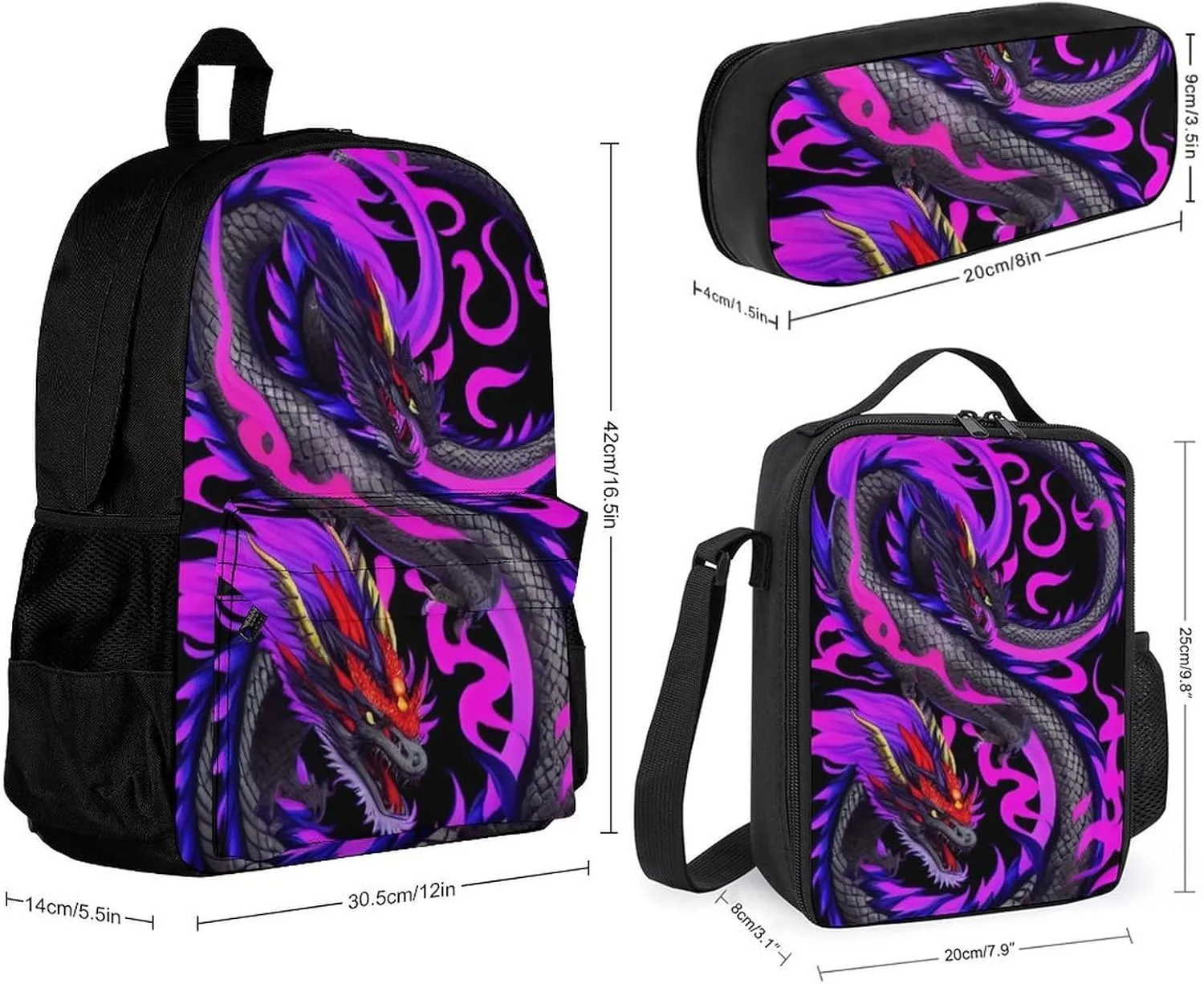 Supdreamc Daypack Backpack Sets, Rucksack   Lunch Bag   Pencil Case for Picnic Running, Burning Flaming Fire Chinese Dragon Art Travel Hiking Backpack for Adults, One Size