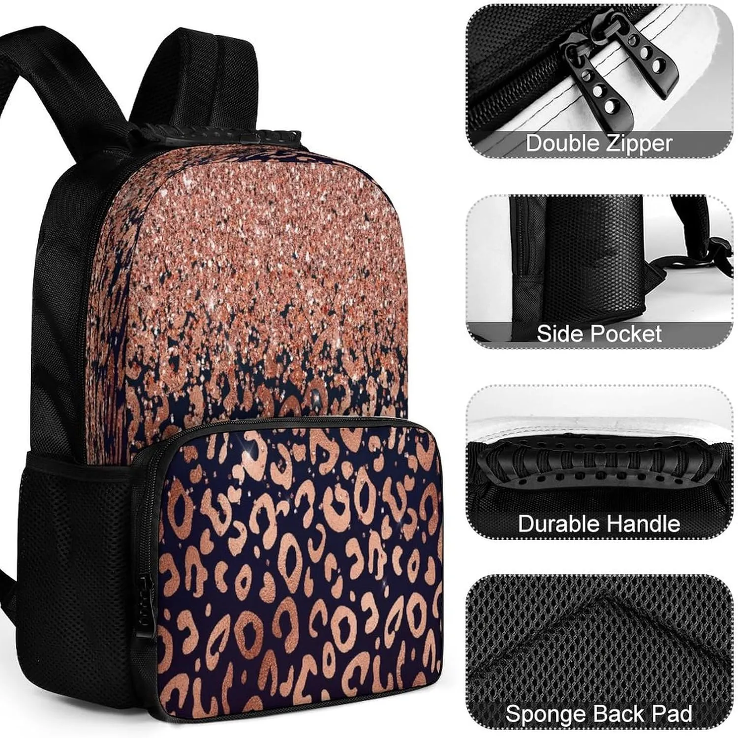 Supdreamc Rose Gold Glitter Black Cheetah Leopard Print Rucksack Polyester Anti-Theft Multipurpose Bookbag Big Capacity Travel and Sport Backpack Rucksack With Side Pockets