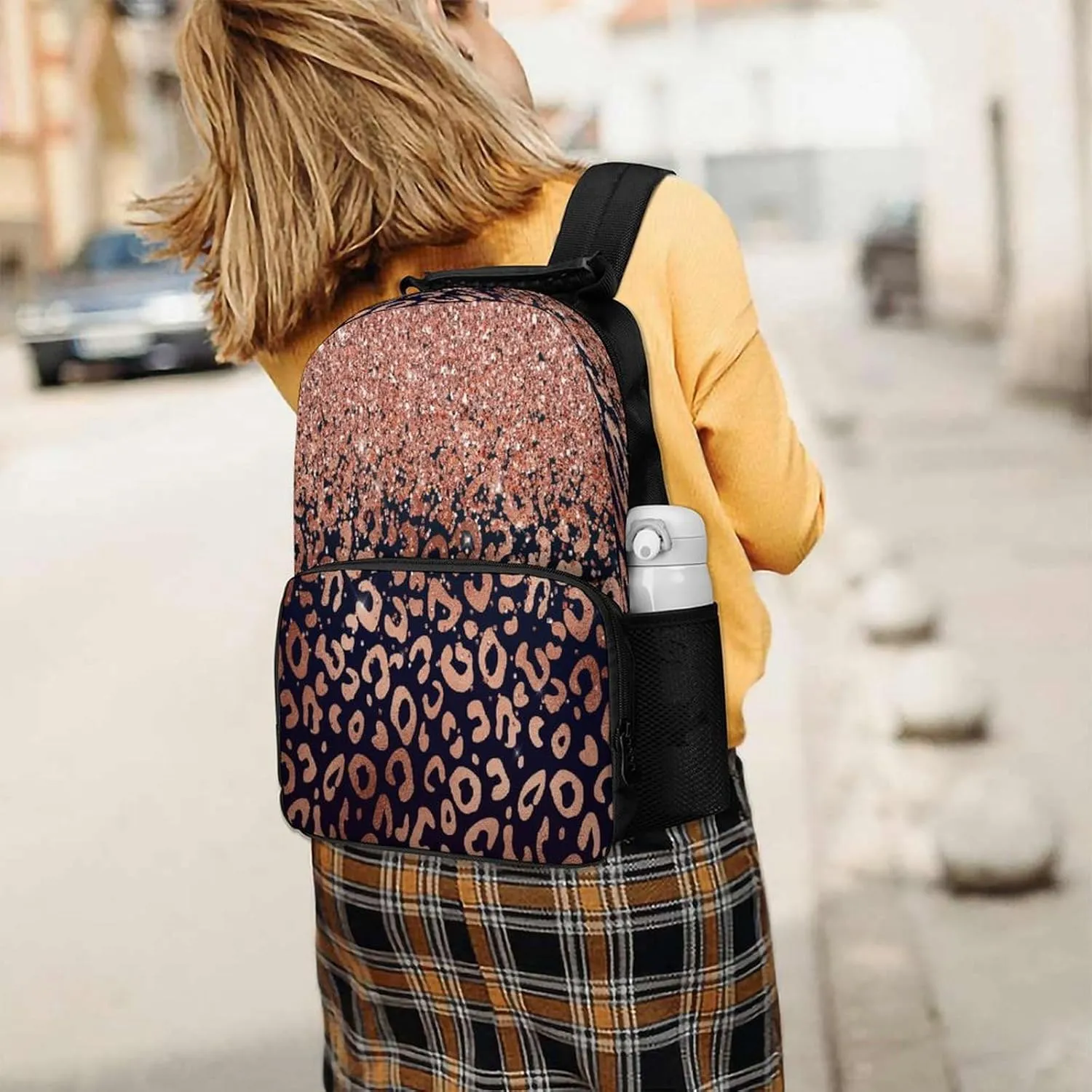 Supdreamc Rose Gold Glitter Black Cheetah Leopard Print Rucksack Polyester Anti-Theft Multipurpose Bookbag Big Capacity Travel and Sport Backpack Rucksack With Side Pockets