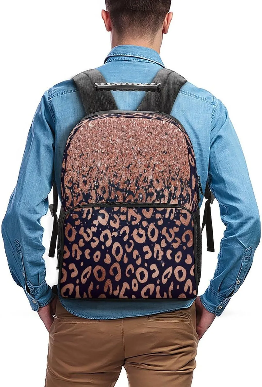 Supdreamc Rose Gold Glitter Black Cheetah Leopard Print Rucksack Polyester Anti-Theft Multipurpose Bookbag Big Capacity Travel and Sport Backpack Rucksack With Side Pockets