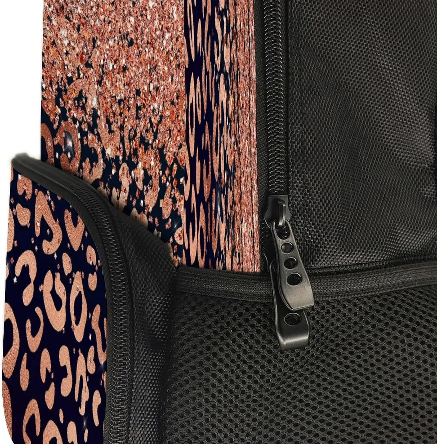 Supdreamc Rose Gold Glitter Black Cheetah Leopard Print Rucksack Polyester Anti-Theft Multipurpose Bookbag Big Capacity Travel and Sport Backpack Rucksack With Side Pockets