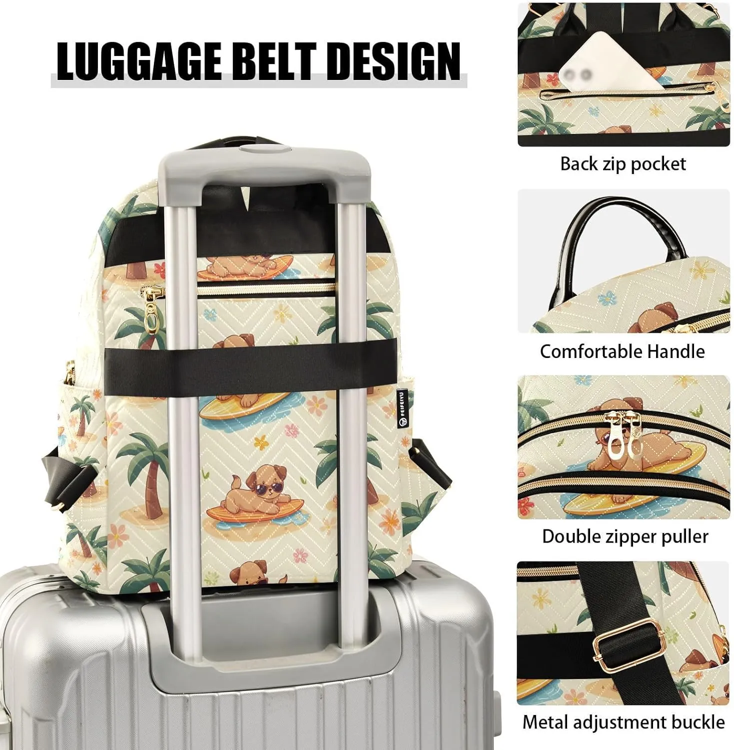 Surfboard Dog Palm Tree Mini Backpack Purse for Women Shoulder Bag Fashion Daypack Ladies Handbag Lightweight Travel Bag Rucksack