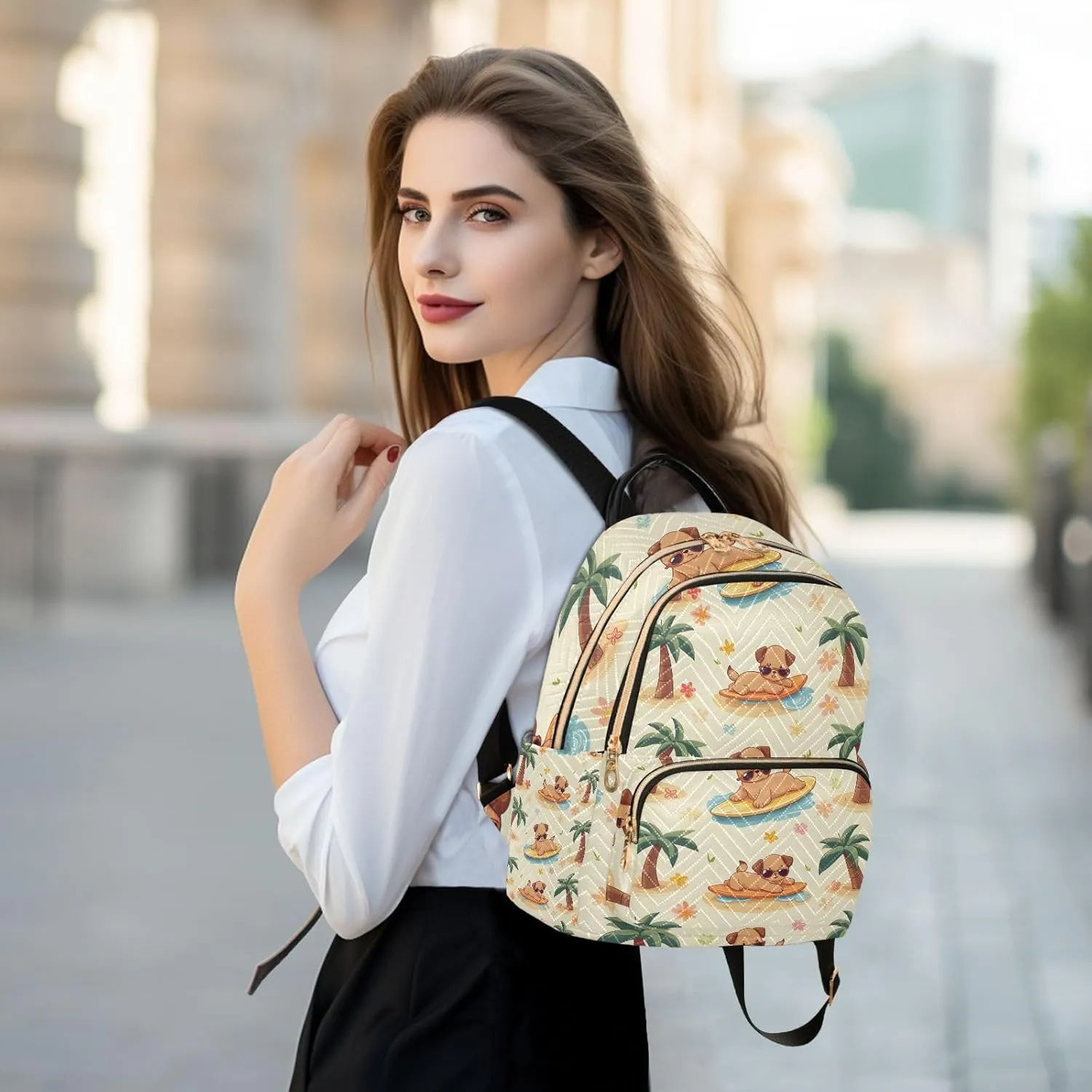 Surfboard Dog Palm Tree Mini Backpack Purse for Women Shoulder Bag Fashion Daypack Ladies Handbag Lightweight Travel Bag Rucksack
