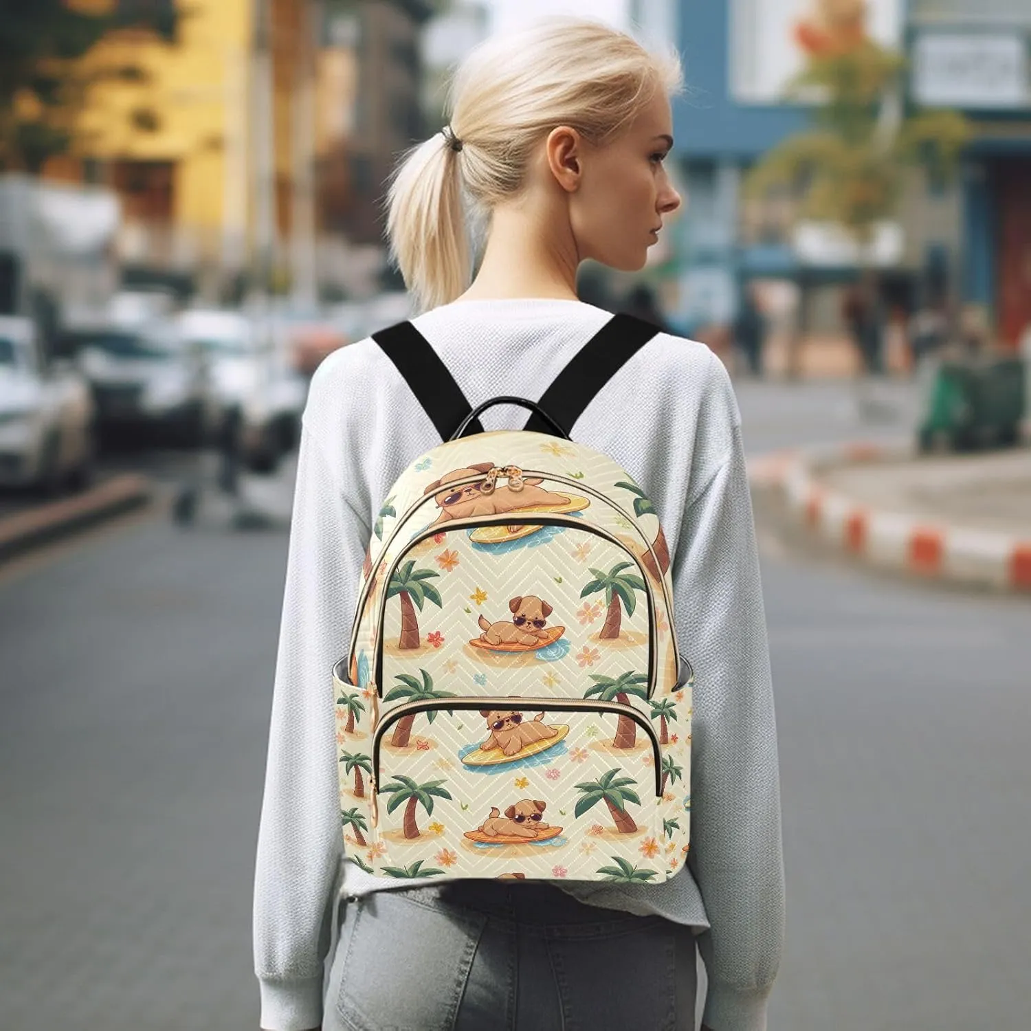 Surfboard Dog Palm Tree Mini Backpack Purse for Women Shoulder Bag Fashion Daypack Ladies Handbag Lightweight Travel Bag Rucksack