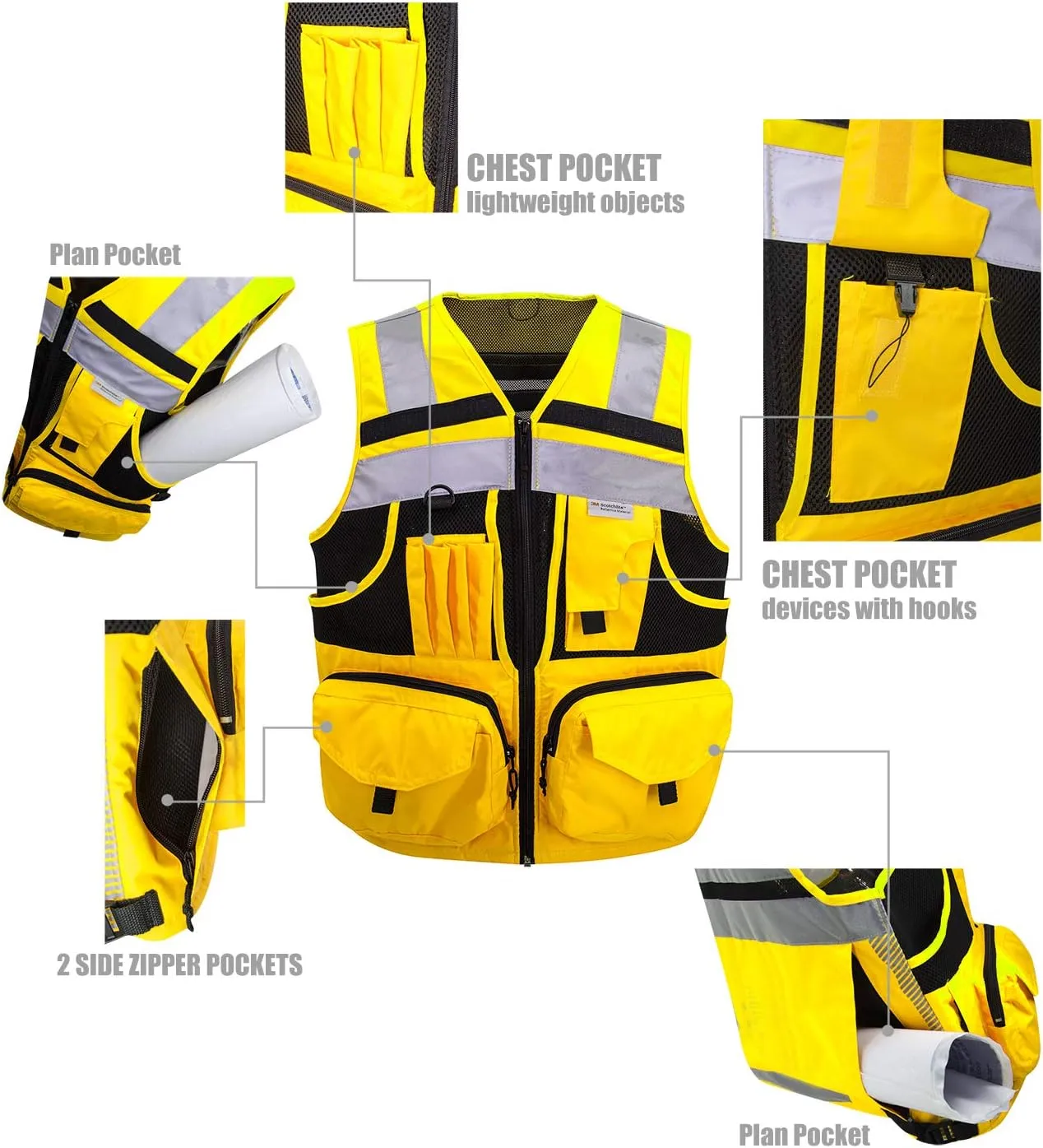 SUXIBIP 10 Pockets Safety Vest for Men and Women, High Visibility vest with 3M Reflective Strips, Oxford Fabric