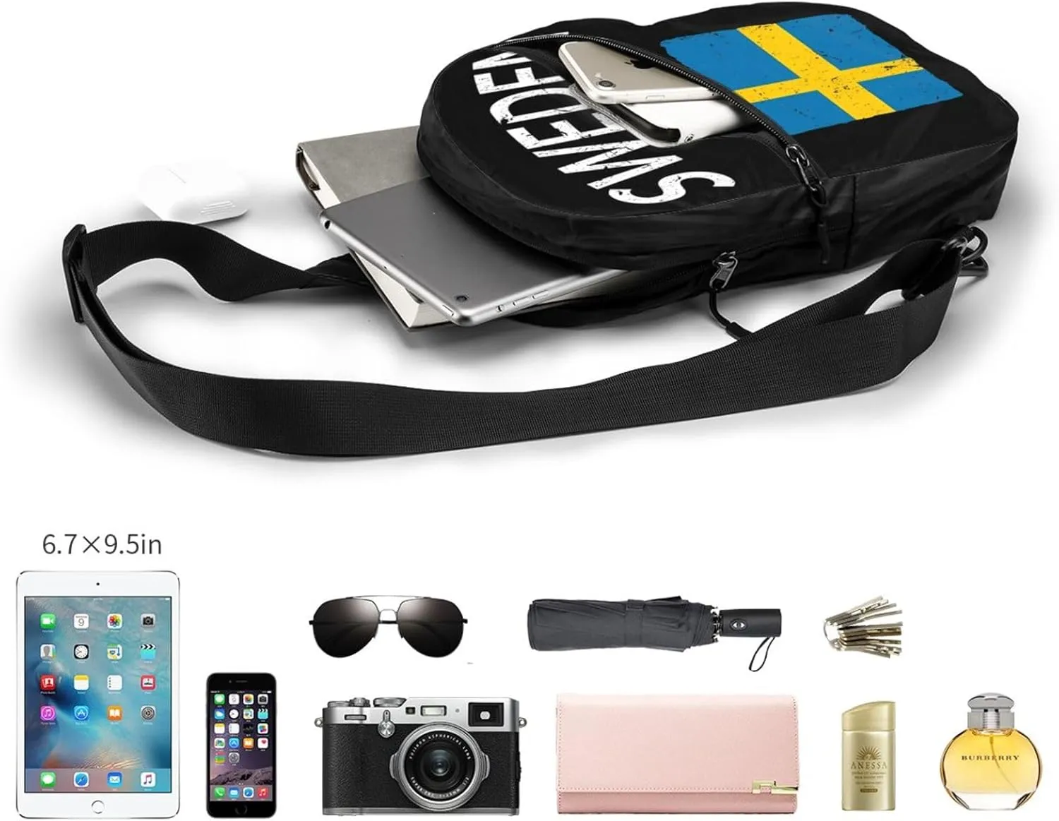 Swedish Sweden Flag Crossbody Bag Portable Sling Bags Foldable Chest Daypack Reusable Sports Shoulder Backpack Diagonally Casual Rucksack Travel Bag