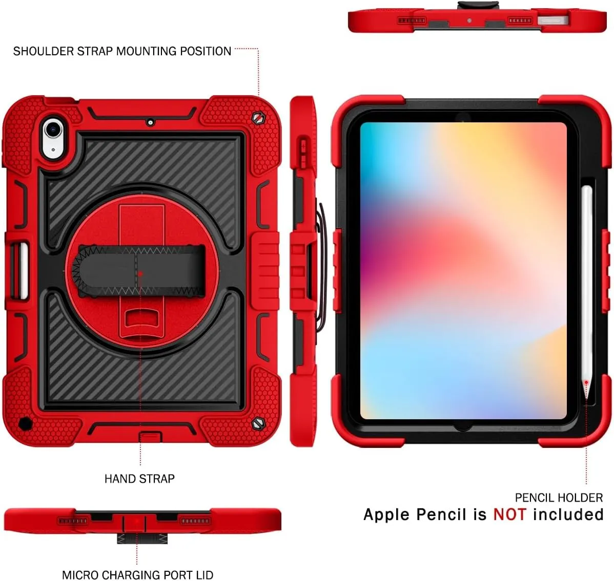 Tablet Protective Case Cover Compatible with iPad 10th Generation 10.9 inch 2022 CASE,Heavy Duty Rugged Shockproof Protective Case with Hand Strap/Shoulder Strap Stable Kickstand Silicone Shell(Vermel
