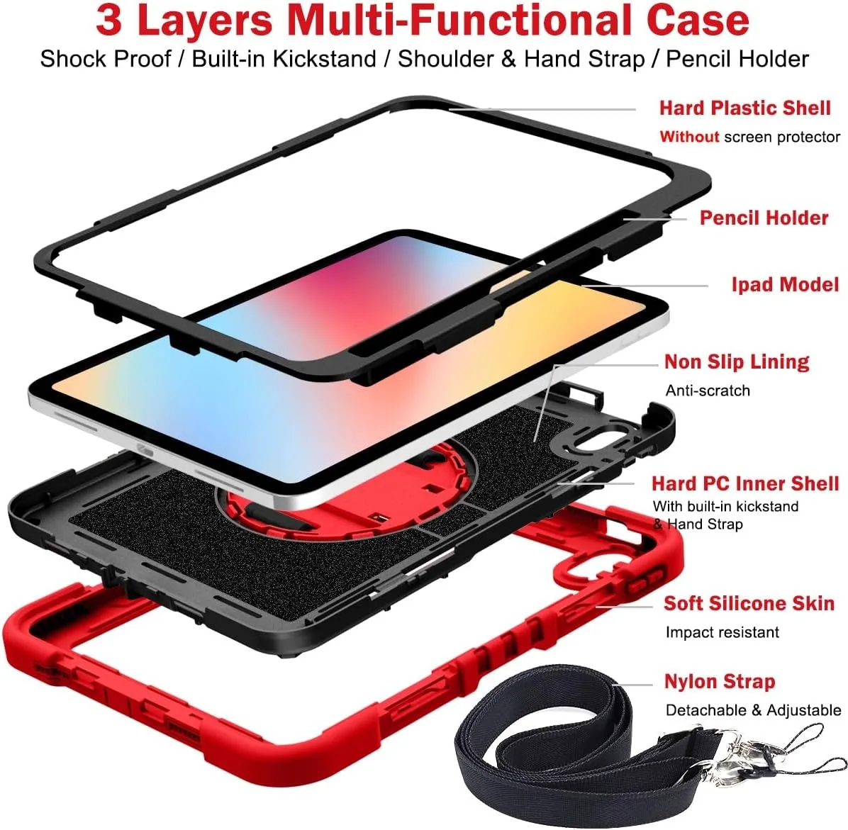 Tablet Protective Case Cover Compatible with iPad 10th Generation 10.9 inch 2022 CASE,Heavy Duty Rugged Shockproof Protective Case with Hand Strap/Shoulder Strap Stable Kickstand Silicone Shell(Vermel