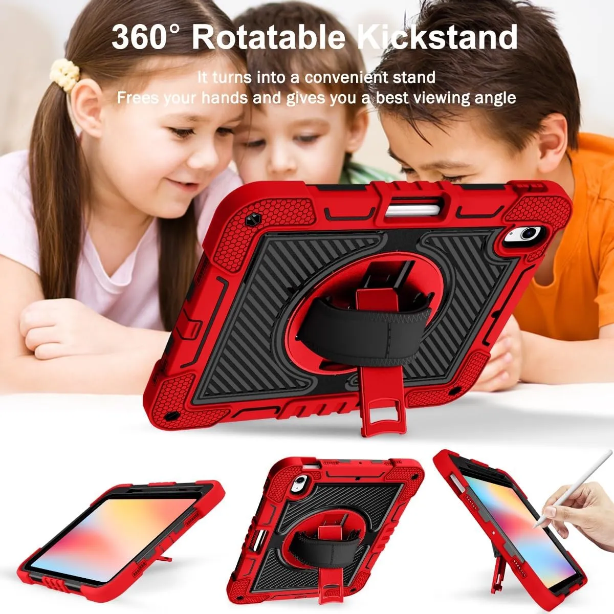 Tablet Protective Case Cover Compatible with iPad 10th Generation 10.9 inch 2022 CASE,Heavy Duty Rugged Shockproof Protective Case with Hand Strap/Shoulder Strap Stable Kickstand Silicone Shell(Vermel