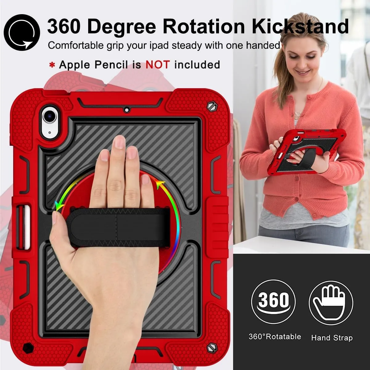 Tablet Protective Case Cover Compatible with iPad 10th Generation 10.9 inch 2022 CASE,Heavy Duty Rugged Shockproof Protective Case with Hand Strap/Shoulder Strap Stable Kickstand Silicone Shell(Vermel
