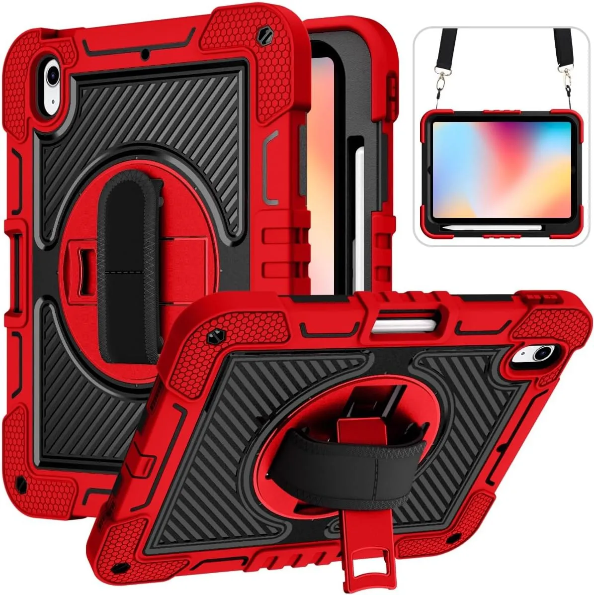 Tablet Protective Case Cover Compatible with iPad 10th Generation 10.9 inch 2022 CASE,Heavy Duty Rugged Shockproof Protective Case with Hand Strap/Shoulder Strap Stable Kickstand Silicone Shell(Vermel