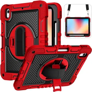 Tablet Protective Case Cover Compatible with iPad 10th Generation 10.9 inch 2022 CASE,Heavy Duty Rugged Shockproof Protective Case with Hand Strap/Shoulder Strap Stable Kickstand Silicone Shell(Vermel