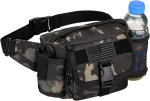 Tactical Fanny Pack with Mesh Water Bottle Holder Pouch Military Running Waist Bag Sling Hip Belt MOLLE Army Lumbar Gear Pocket (1 Patch Included), Black Camo