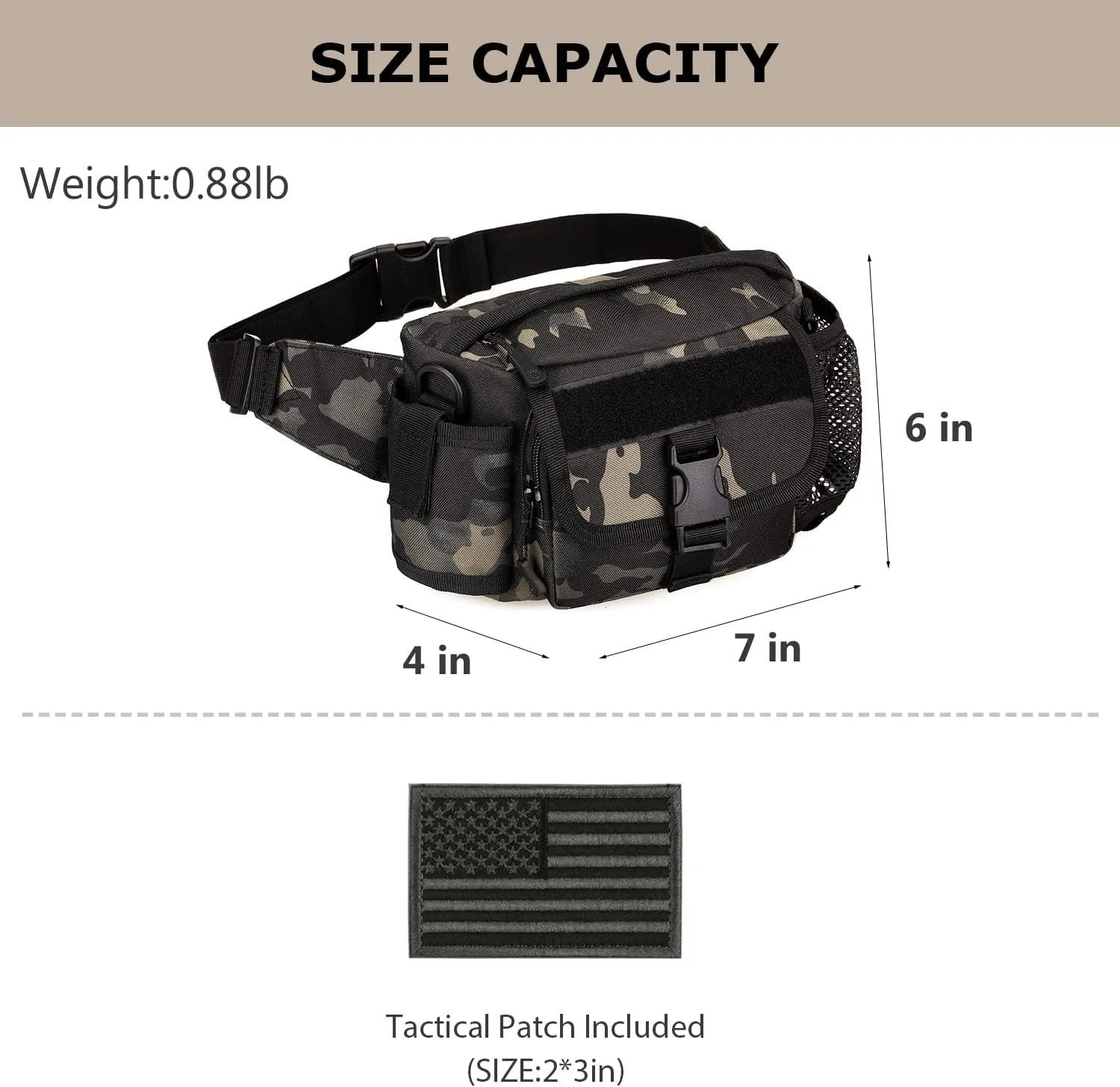 Tactical Fanny Pack with Mesh Water Bottle Holder Pouch Military Running Waist Bag Sling Hip Belt MOLLE Army Lumbar Gear Pocket (1 Patch Included), Black Camo