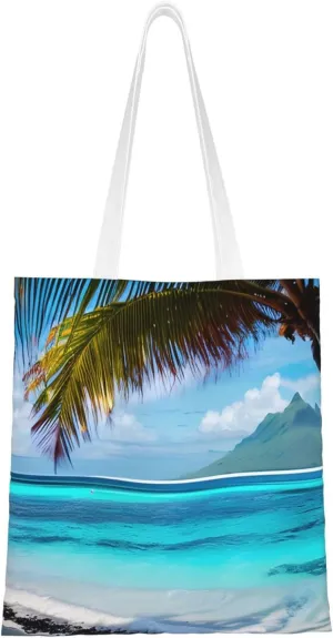 Tahiti Beach Print Canvas Tote Bag Reusable Shoulder Shopping Bags For Daily Use Shopping Travel