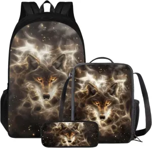 Talayituse Wolf Fire Glitter Print Backpack for Girls Boys Kids School Bag with Insulated Lunch Tote and Pencil Pouch Elementary Bookbag Lightweight Travel Daypack Rucksack, Set of 3