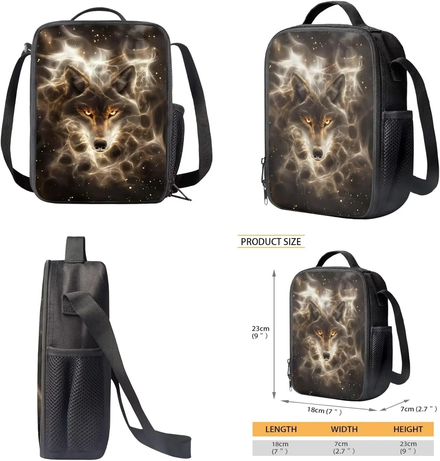 Talayituse Wolf Fire Glitter Print Backpack for Girls Boys Kids School Bag with Insulated Lunch Tote and Pencil Pouch Elementary Bookbag Lightweight Travel Daypack Rucksack, Set of 3