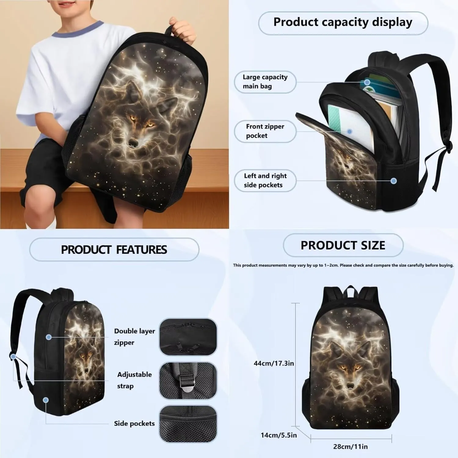 Talayituse Wolf Fire Glitter Print Backpack for Girls Boys Kids School Bag with Insulated Lunch Tote and Pencil Pouch Elementary Bookbag Lightweight Travel Daypack Rucksack, Set of 3