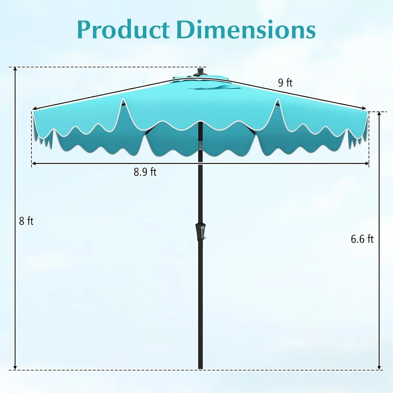 Tangkula 9 FT Patio Umbrella w/ Crank Handle, Push Button Tilt, Ruffled Edges, 2-Tier Market Table Umbrella w/ Sun-Protective Canopy, 8 Ribs, Outdoor Heavy-Duty Sun Umbrella for Patio Garden Pool (Turquoise)