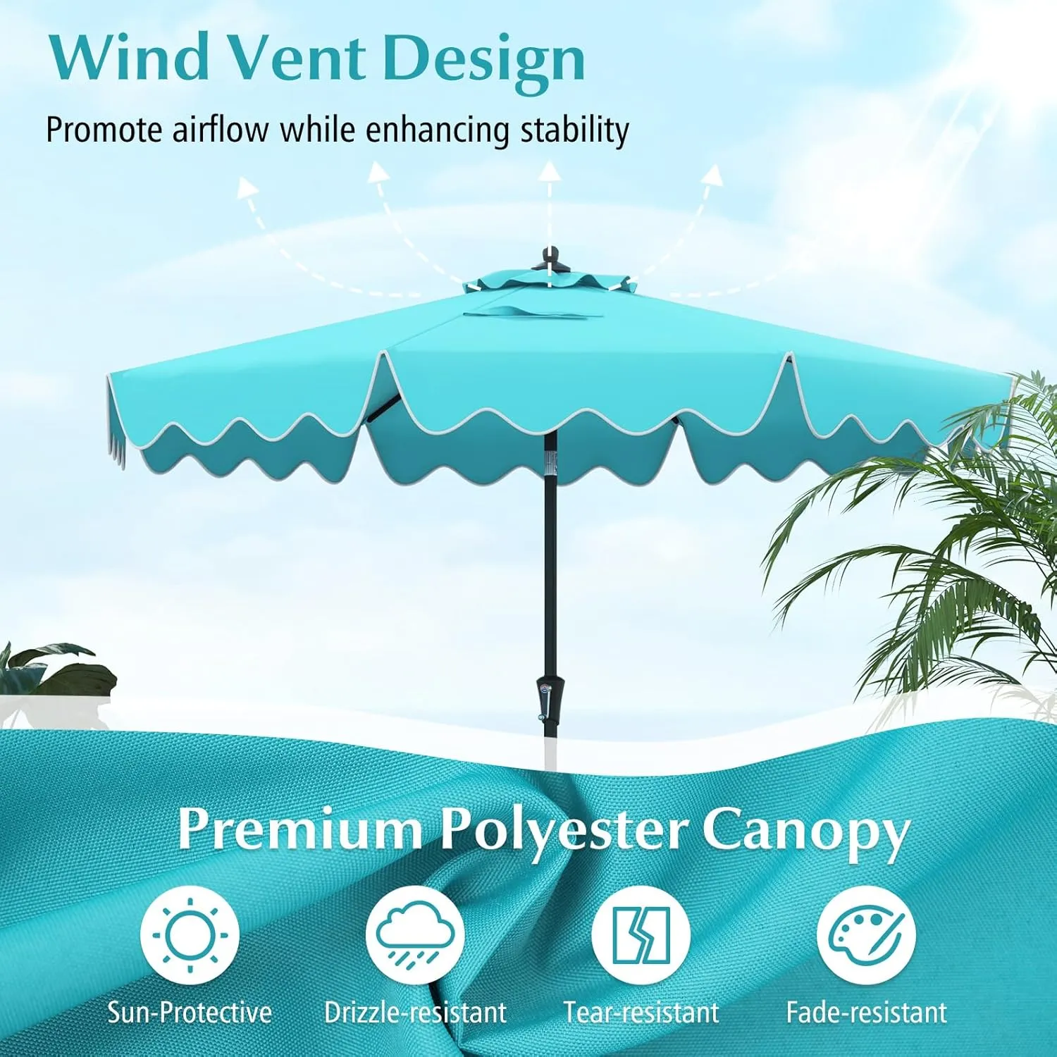 Tangkula 9 FT Patio Umbrella w/ Crank Handle, Push Button Tilt, Ruffled Edges, 2-Tier Market Table Umbrella w/ Sun-Protective Canopy, 8 Ribs, Outdoor Heavy-Duty Sun Umbrella for Patio Garden Pool (Turquoise)