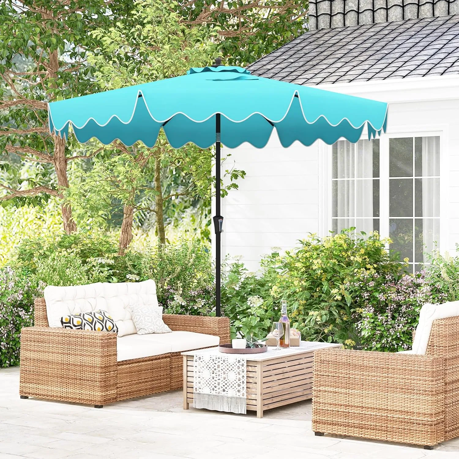 Tangkula 9 FT Patio Umbrella w/ Crank Handle, Push Button Tilt, Ruffled Edges, 2-Tier Market Table Umbrella w/ Sun-Protective Canopy, 8 Ribs, Outdoor Heavy-Duty Sun Umbrella for Patio Garden Pool (Turquoise)