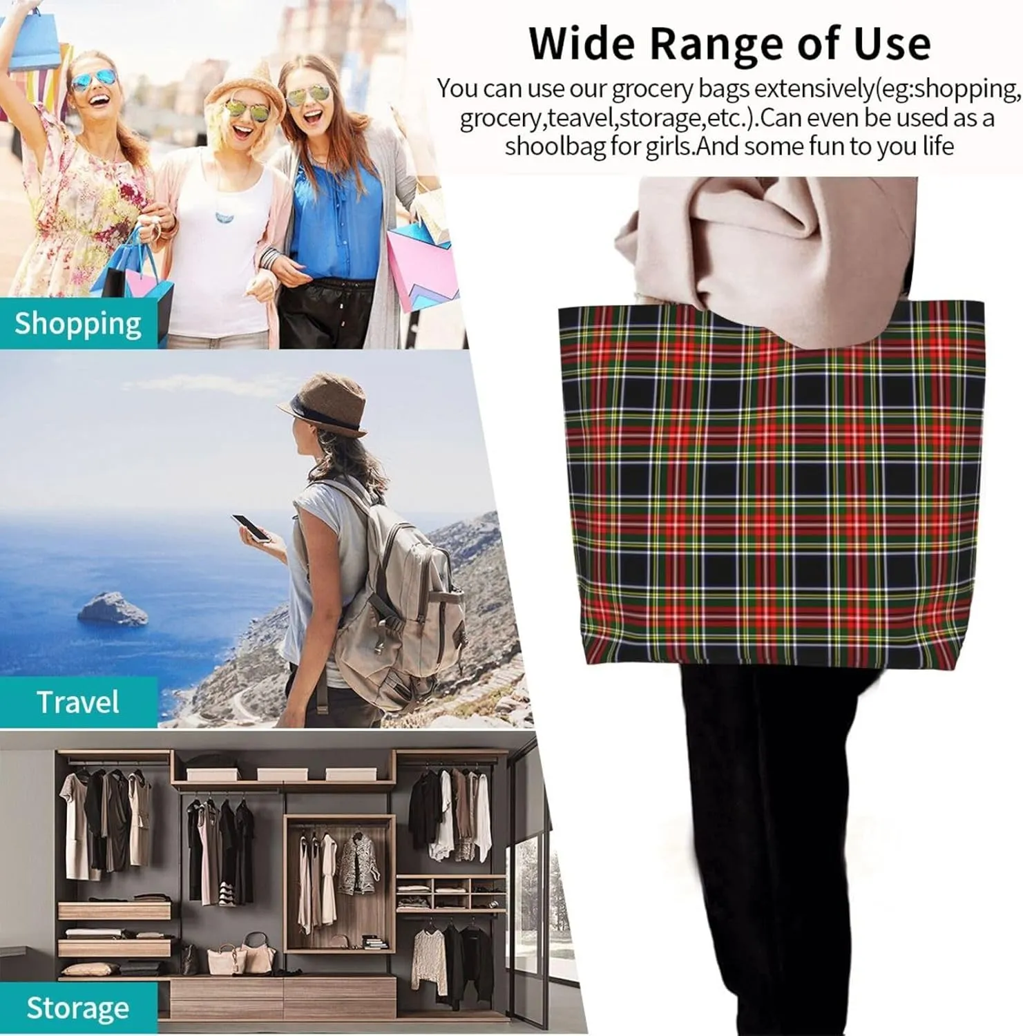 Tartan Tote Bag For Women Weekender Travel Bag Reusable Grocery Bags Large Totes Handbags