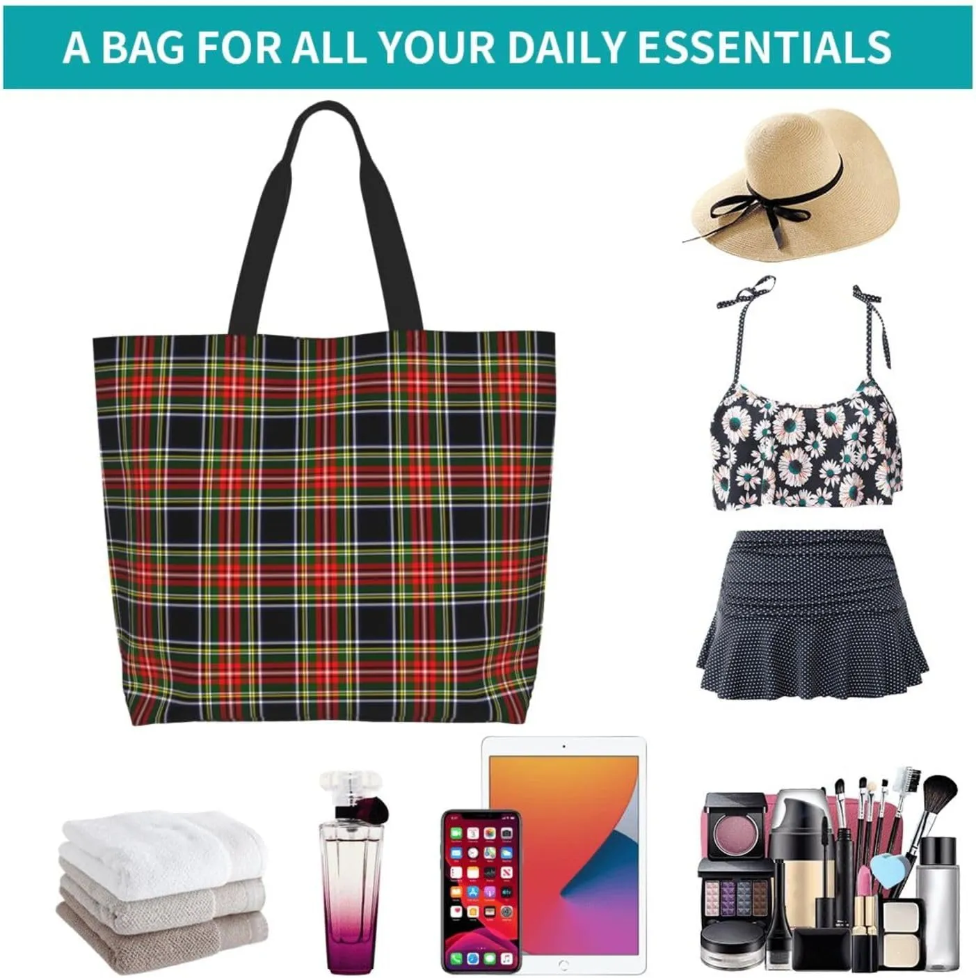 Tartan Tote Bag For Women Weekender Travel Bag Reusable Grocery Bags Large Totes Handbags