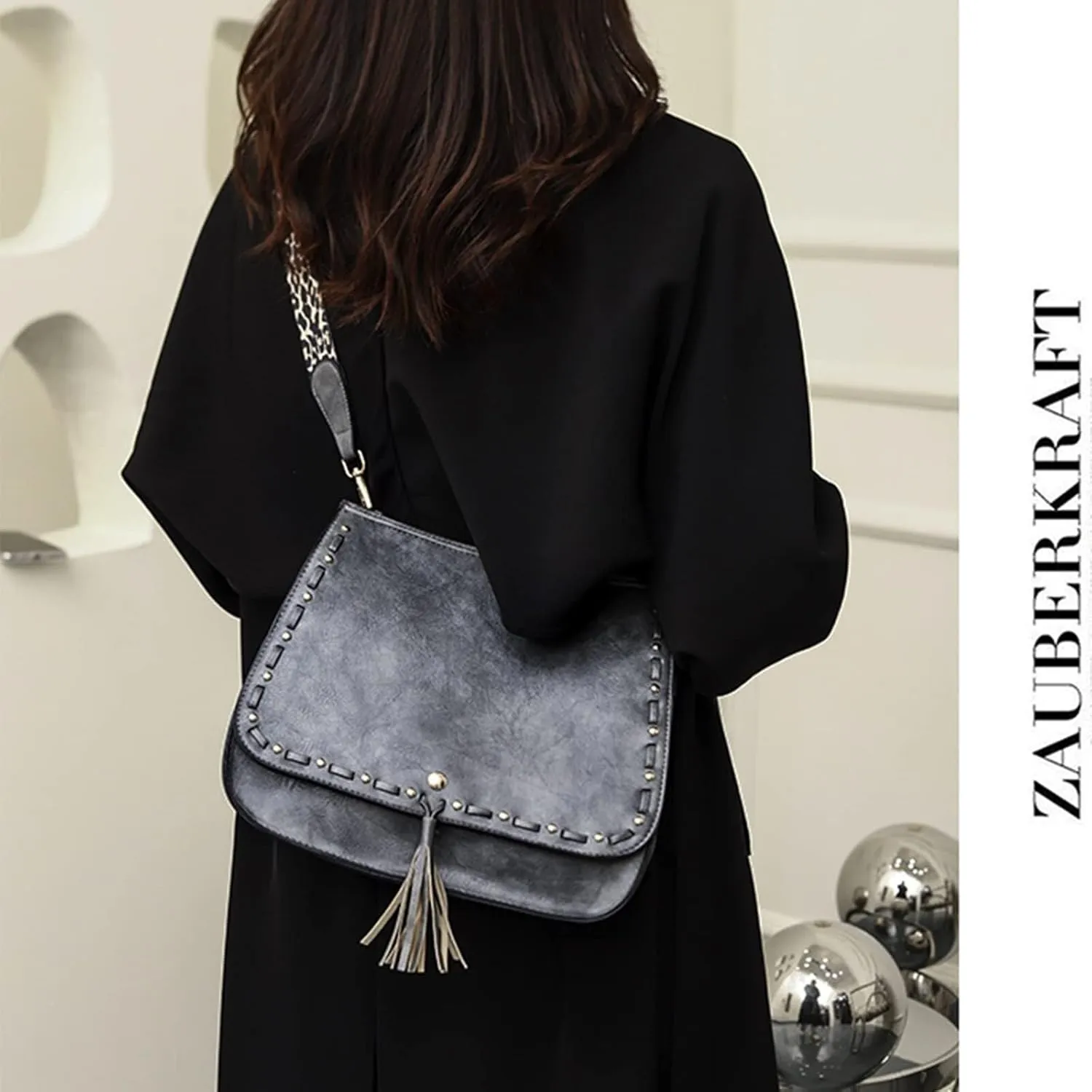 Tassel Design Handbags Vintage Satchel Purse Women Shoulder Crossbody Purse with Wide Guitar Strap