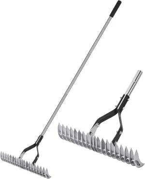 Thatch Rake Landscaping Tools, 15 Inch Heavy Duty Garden Rake with Stainless Steel Handle, Lawn Loosening Soil Rake for Cleaning Dead Grass, Adjustable Dethatcher Rake for Garden Yard Lawn