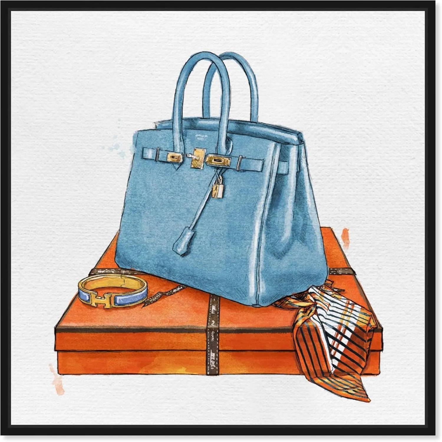The Oliver Gal Artist Co. Fashion and Glam Framed Wall Art Canvas Prints 'My Bag Collection III' Handbags Home Décor, 16" x 16", Blue, Orange