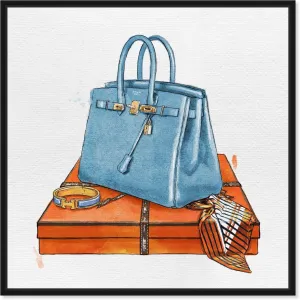 The Oliver Gal Artist Co. Fashion and Glam Framed Wall Art Canvas Prints 'My Bag Collection III' Handbags Home Décor, 16" x 16", Blue, Orange
