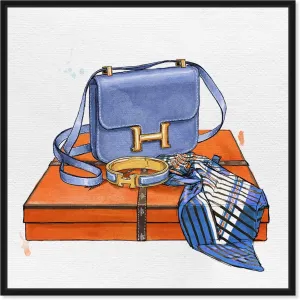 The Oliver Gal Artist Co. Fashion and Glam Framed Wall Art Canvas Prints 'My Bag Collection VI' Handbags Home Décor, 20" x 20", Blue, Orange