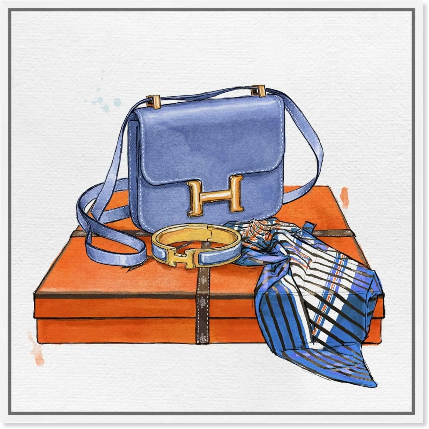 The Oliver Gal Artist Co. Fashion and Glam Framed Wall Art Canvas Prints 'My Bag Collection VI' Handbags Home Décor, 30" x 30", Blue, Orange
