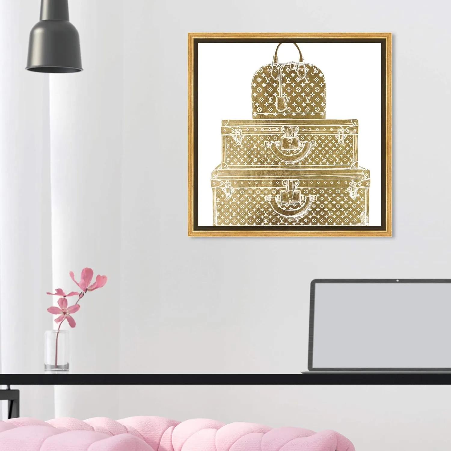 The Oliver Gal Artist Co. Fashion and Glam Framed Wall Art Canvas Prints 'Royal Bag and Luggage Diecut' Travel Essentials Home Décor, 16 in x 16 in, Gold, White