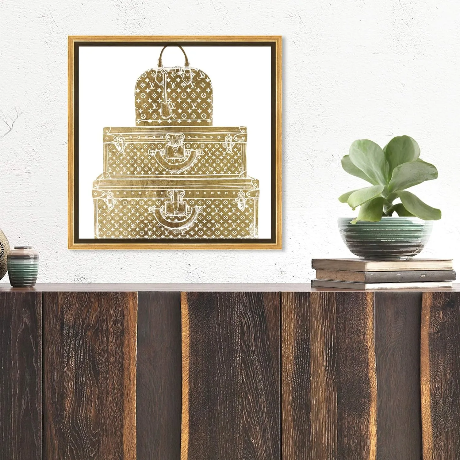 The Oliver Gal Artist Co. Fashion and Glam Framed Wall Art Canvas Prints 'Royal Bag and Luggage Diecut' Travel Essentials Home Décor, 16 in x 16 in, Gold, White