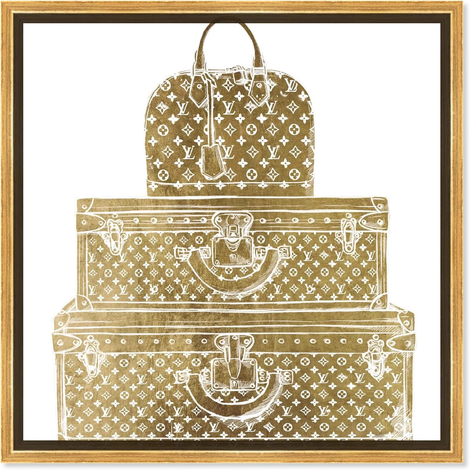 The Oliver Gal Artist Co. Fashion and Glam Framed Wall Art Canvas Prints 'Royal Bag and Luggage Diecut' Travel Essentials Home Décor, 16 in x 16 in, Gold, White